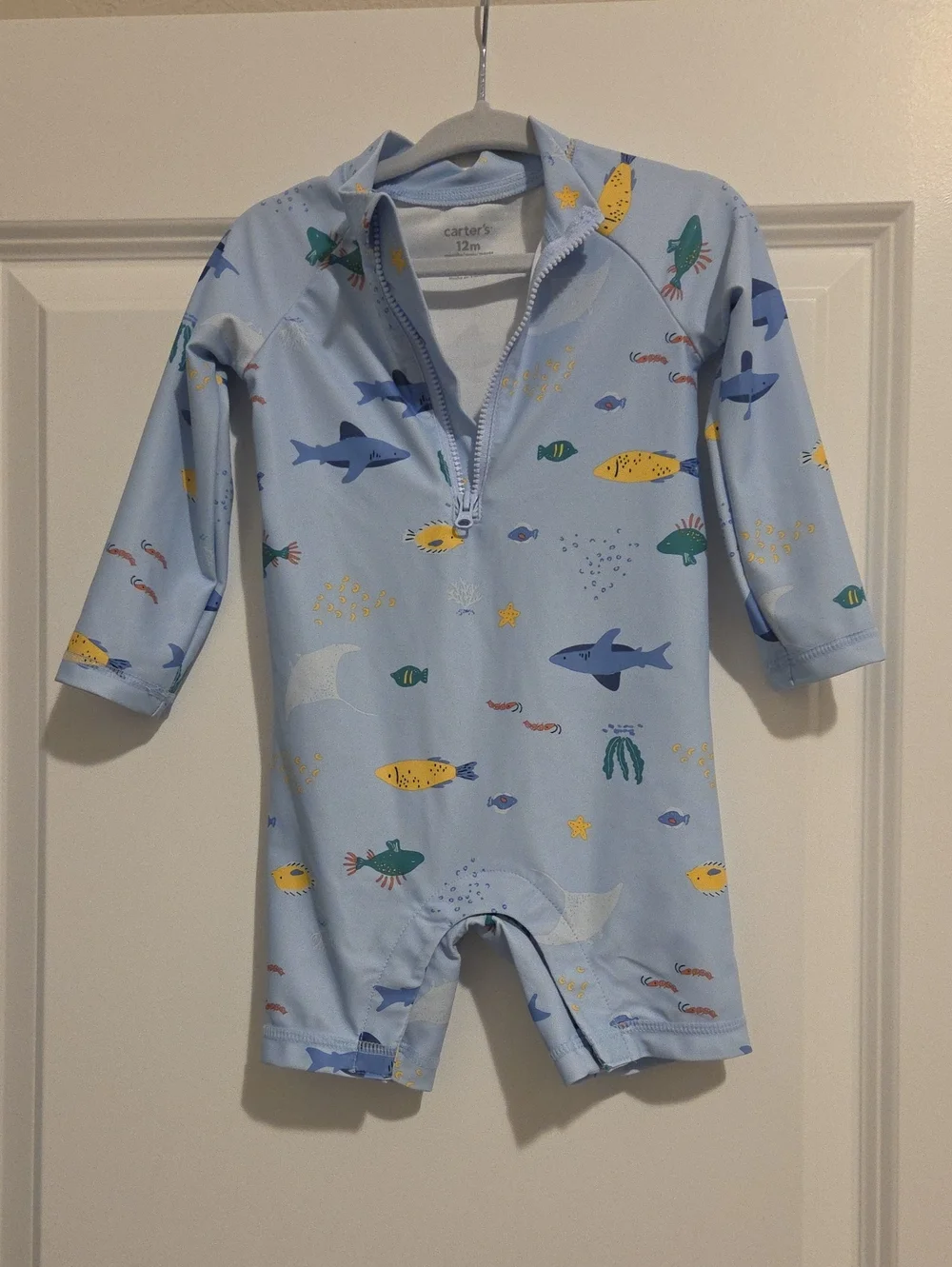 Carter's Light Blue Ocean Print Zip-Front Kids One-Piece swim Rashguard